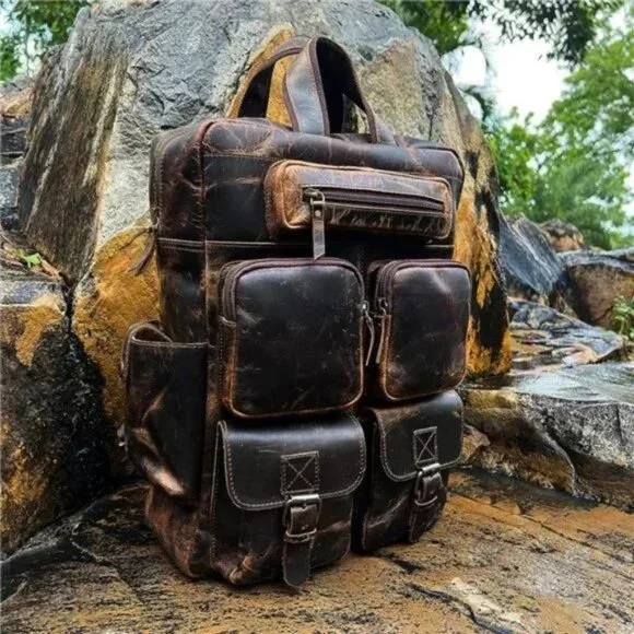 Buffalo Leather Backpack Multi Pockets Daypack Travel Laptop Bag for Men Women - Picture 5 of 7